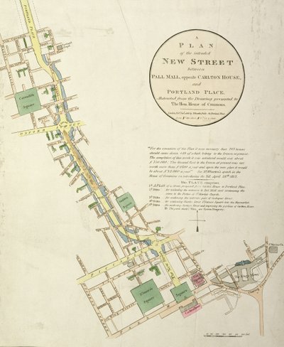 A Plan of the Intended New Street between Pall Mall, opposite Carlton House, and Portland Place, designed by John Nash, published by J. Booth, 1818 by English School